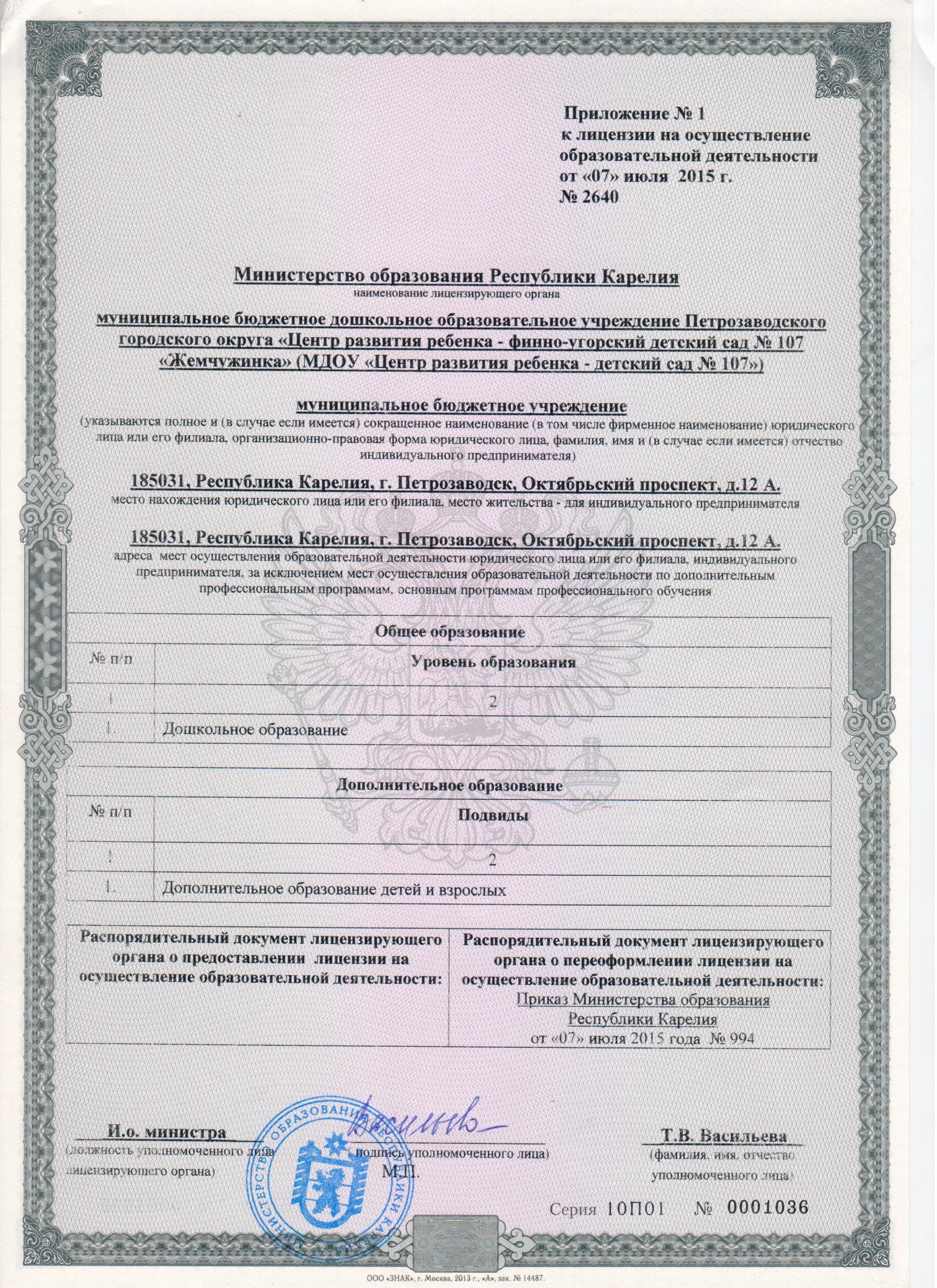 Приложение к лицензии от 07.07.2015